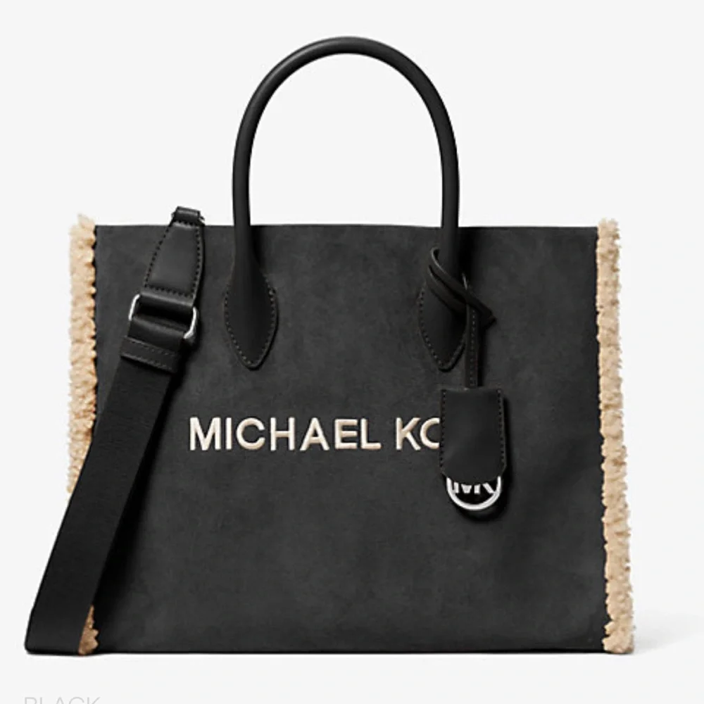 MICHAEL KORS Mirella Medium Suede and Faux Shearling Tote Bag Black  NWT